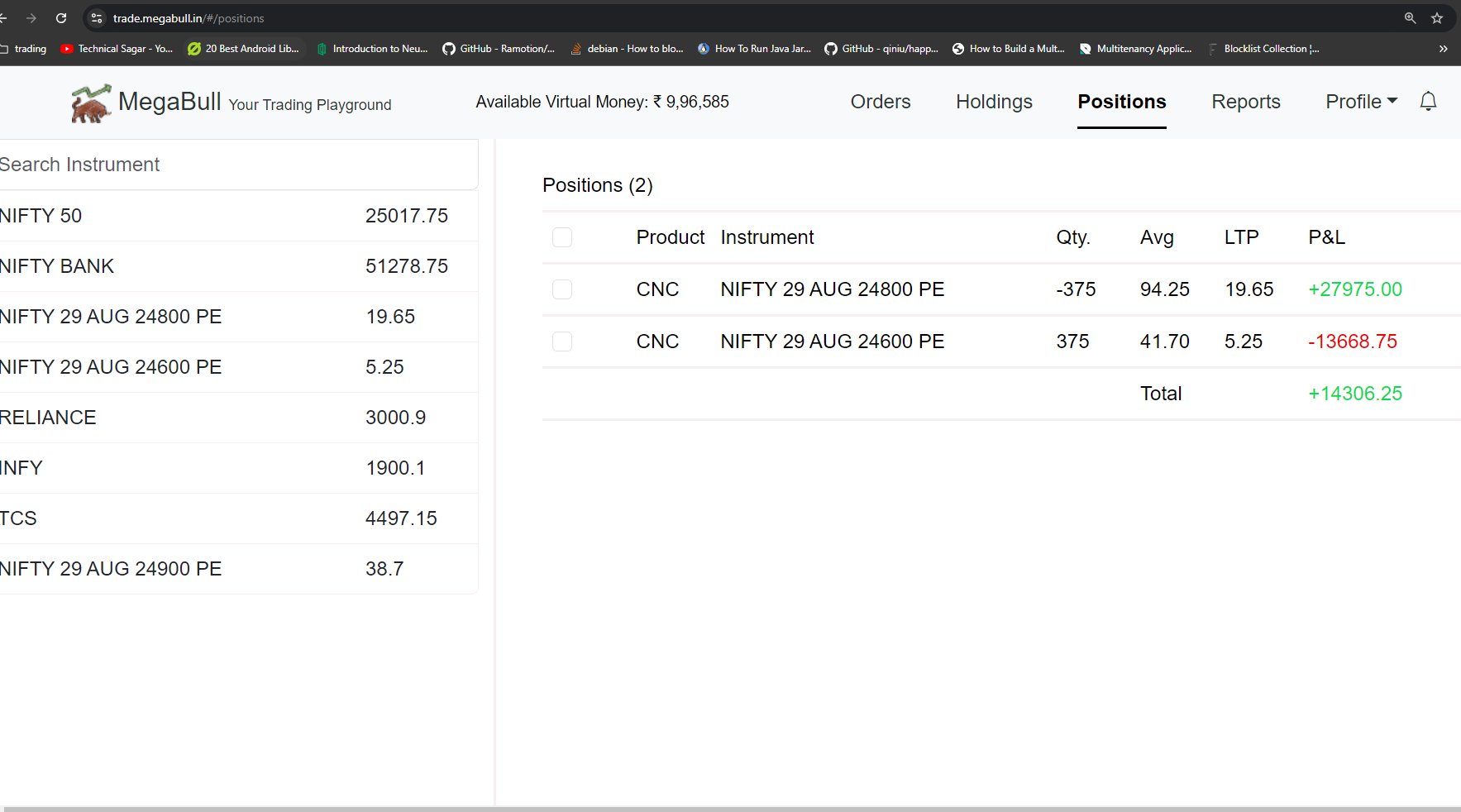 MegaBull Paper Trading App Interface showing real-time stock charts, portfolio dashboard, and trading controls for NSE and BSE stocks